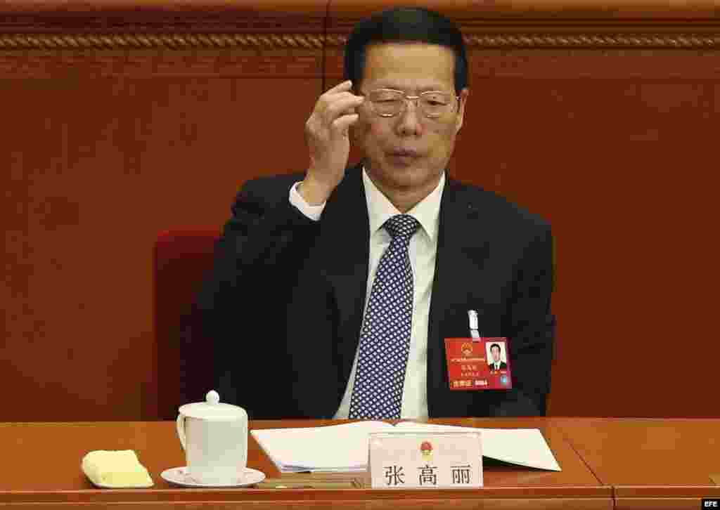 Fotografía de archivo tomada el 13 de marzo de 2016 que muestra a Zhang Gaoli, miembro del Comité Permanente, el órgano de más poder del Partido Comunista (PCCh), durante el duodecimo Comité Nacional de la Conferencia Consultiva Política del Pueblo chino