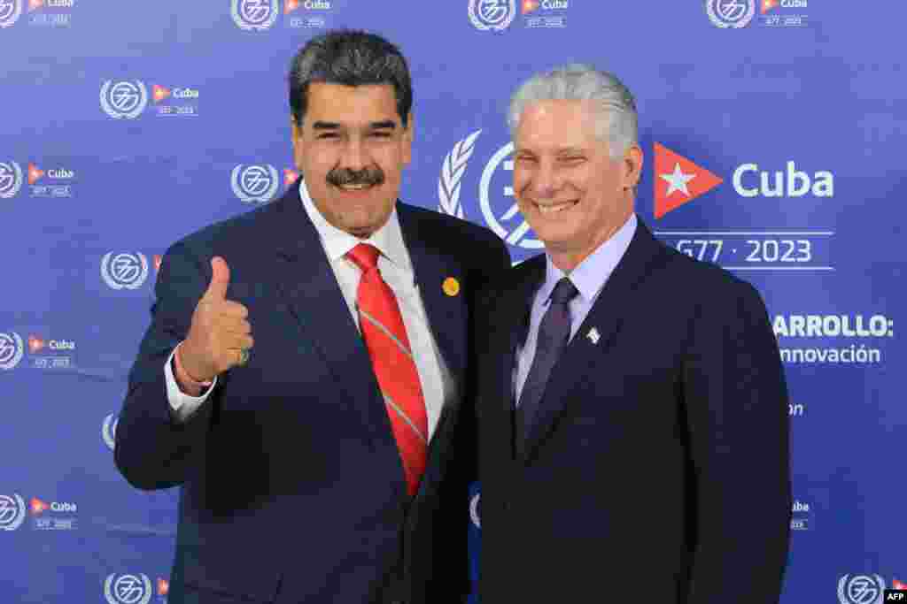 Nicolás Maduro (i), siendo recibido por Miguel Díaz Canel, a su llegada al Centro de Convenciones de La Habana el 15 de septiembre de 2023. AFP PHOTO / VENEZUELAN PRESIDENCY /ZURIMAR CAMPOS
