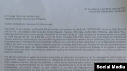 Foto de la denuncia de la Asociación de Yorubas Libres de Cuba, con sede en Placetas, Villa Clara.