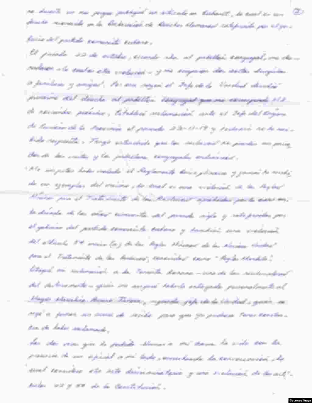 Quiñones Haces denuncia de puño y letra los abusos que recibe en prisión.