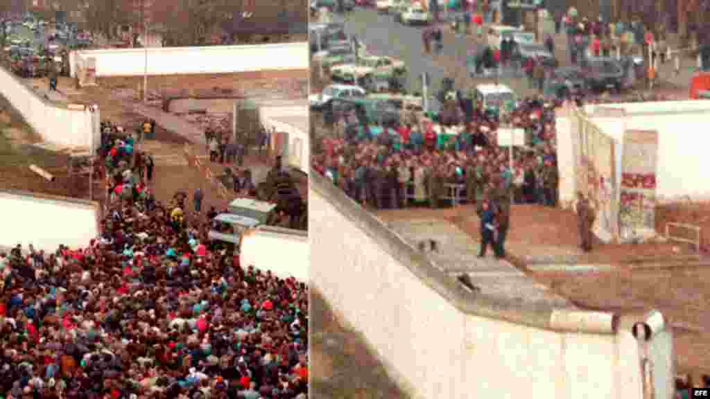 Cientos de ciudadanos berlineses cruzan la frontera hacia Alemania Occidental tras la caída del muro de la "vergüenza" que dividió Berlín y Alemania de 1961 a 1989. y la apertura de las fronteras que unen a Alemania.