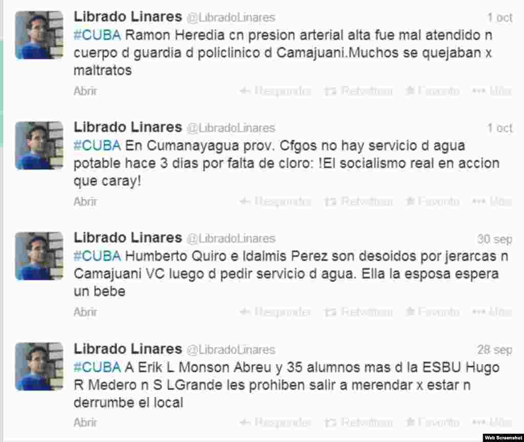 En Camajuaní en Villa Clara el ex preso político Librado Linares publica denuncias de acciones policiales contra activistas de derechos humanos no solo en su localidad si no en otras regiones. En esta ocasión Linares recibe mensjaes de texto de aquellos que aun no tienen cuentas en twitter y las hace pública a través de la suya @LibradoLinares.